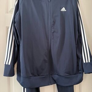 Adidas Dark Blue Joggers with Jacket White Stripes down Jacket Sleeve and Pants